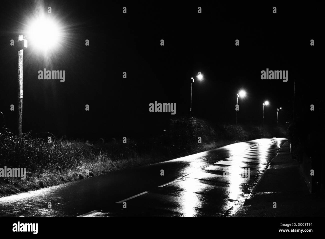 Deserted Night Time Roadway con lampioni che riflettono la pioggia Foto Stock