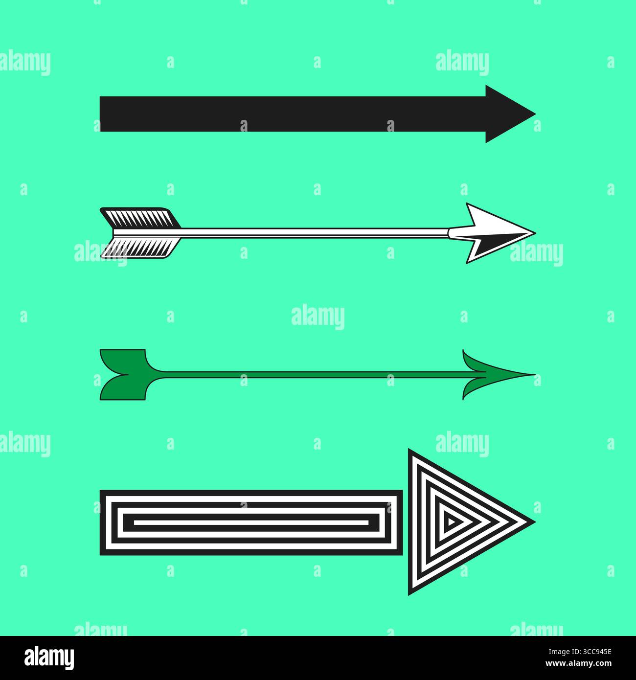 Illustrazione a quattro frecce. Frecce di stile diverse. Vettore simboli di direzione. Nero/verde/bianco. Illustrazione Vettoriale