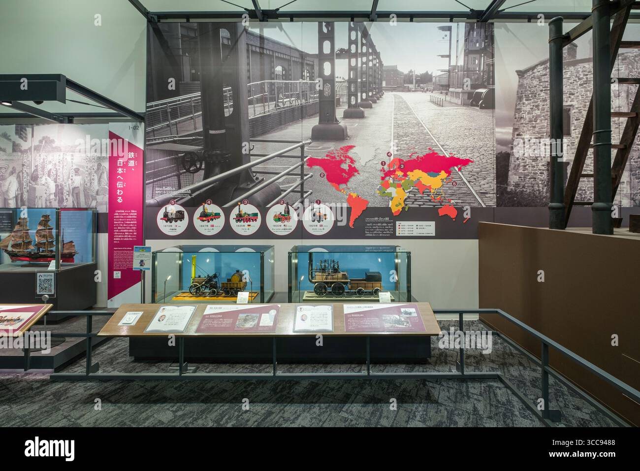 I progressi nell'esposizione ferroviaria al primo piano nell'edificio principale del Museo ferroviario di Kyoto, Umekoji Kashiramachi, Shimogyo Ward, Kyoto, Kansa Foto Stock