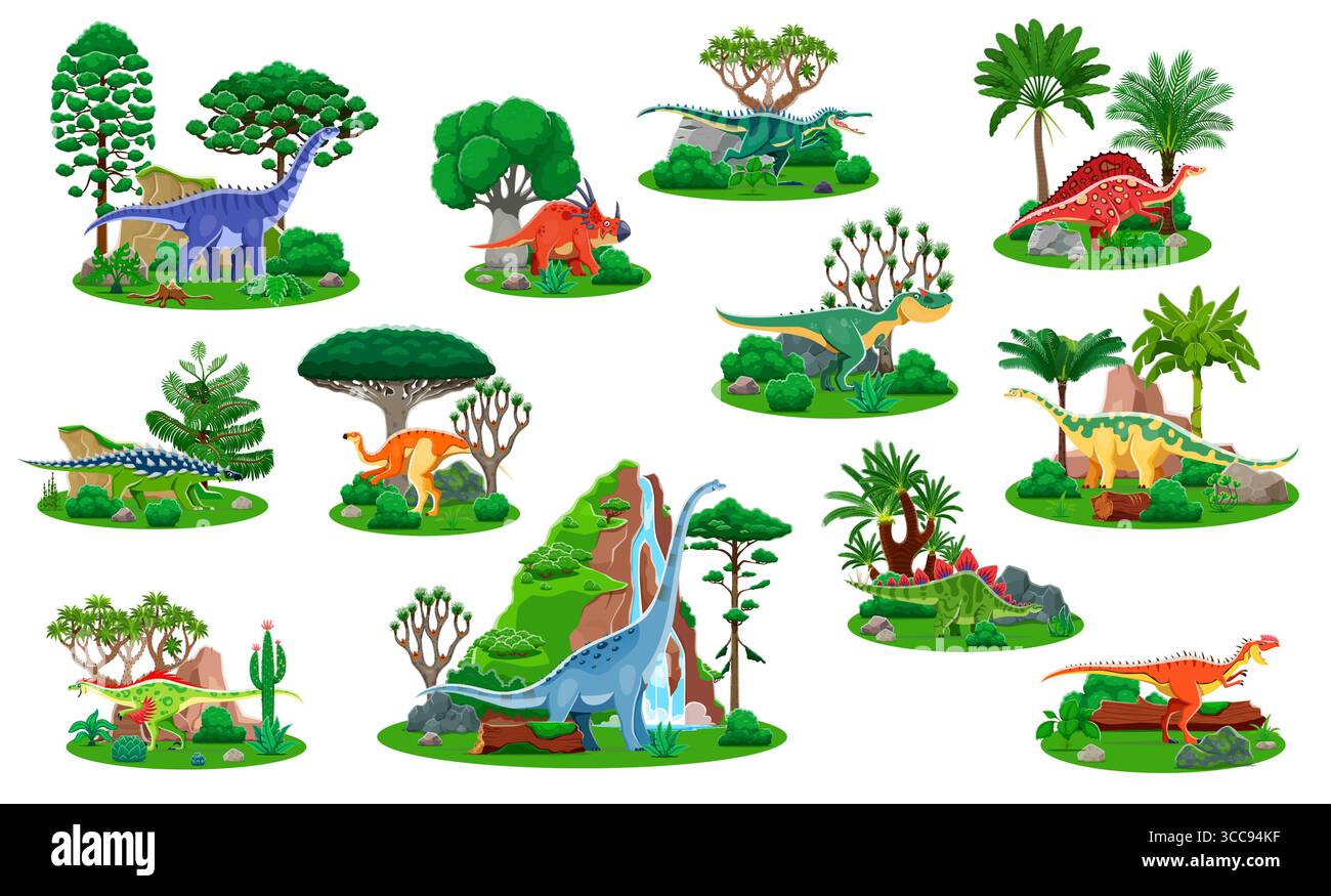 Cartoni animati dinosauri preistorici di carini dino del giurassico, cascate di montagna, palme e cactus della giungla. dinosauri Vector titanosauria, styracosaurus, allosaurus e stegosaurus Illustrazione Vettoriale