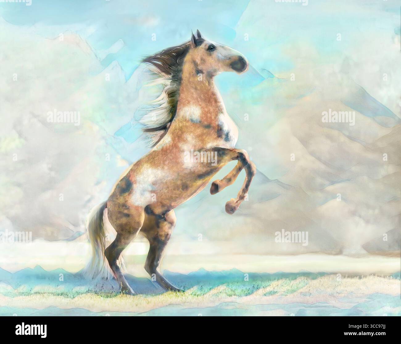 Stallone di cavalli Lucitano maschio di quattro anni che cresce in campo aperto. Foto artistiche digitali stilizzate. Foto Stock