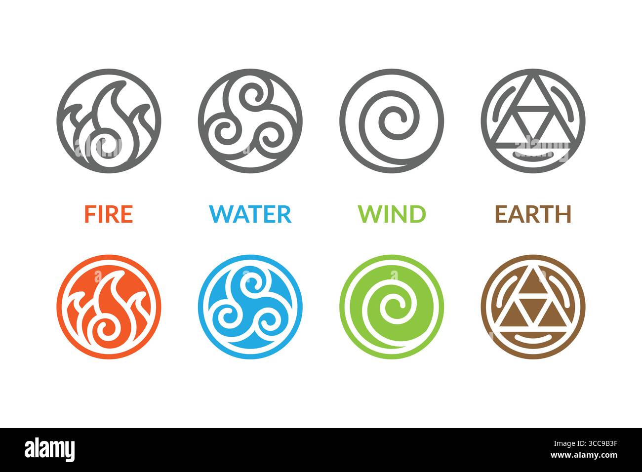 I simboli elementari rappresentano fuoco, acqua, vento e terra. Illustrazione Vettoriale