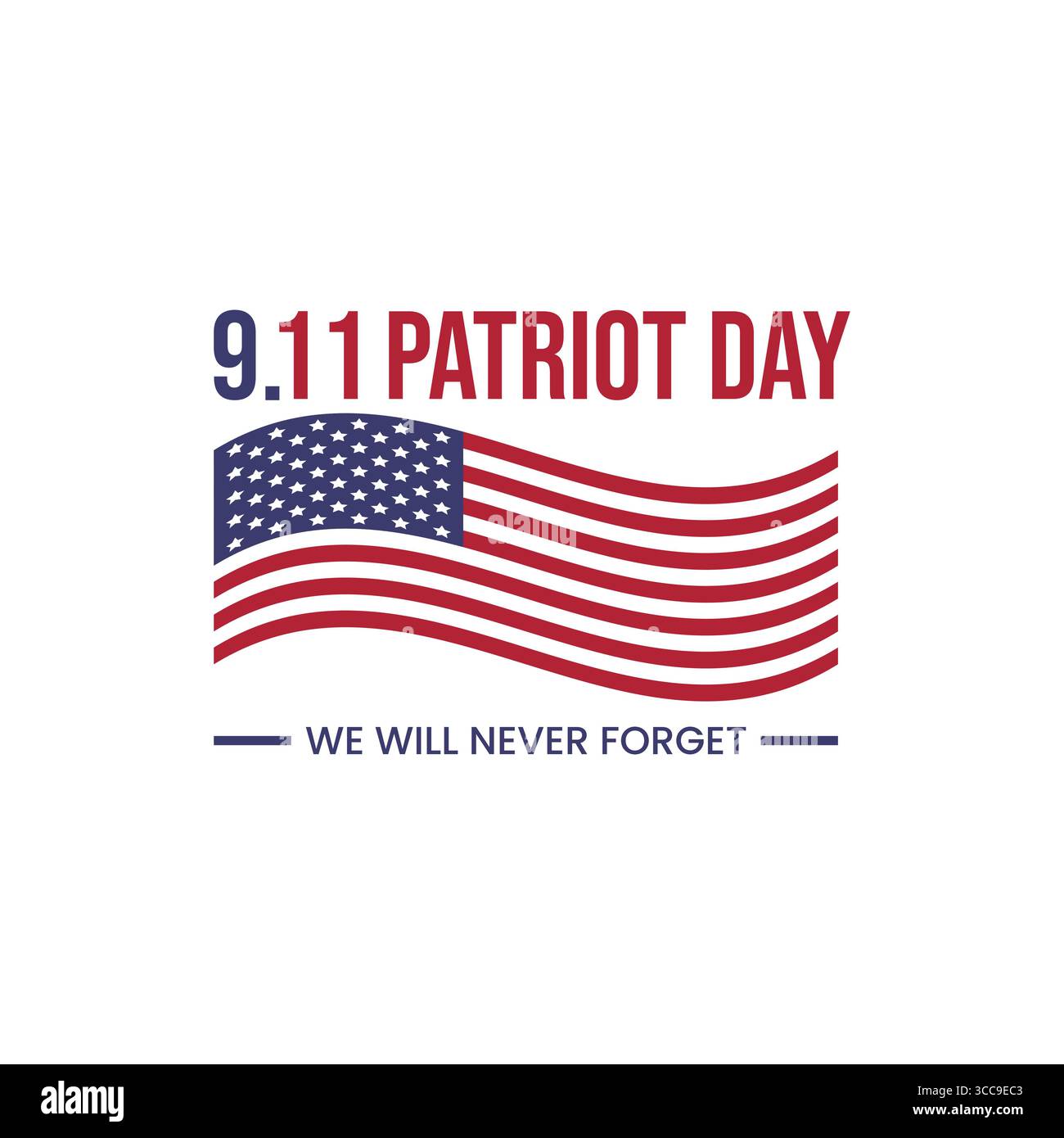 Design vettoriale dinamico per il Patriot Day con una bandiera americana ondeggiante e un testo tributo "non dimenticheremo mai". Perfetto per post sui social media, eventi Illustrazione Vettoriale