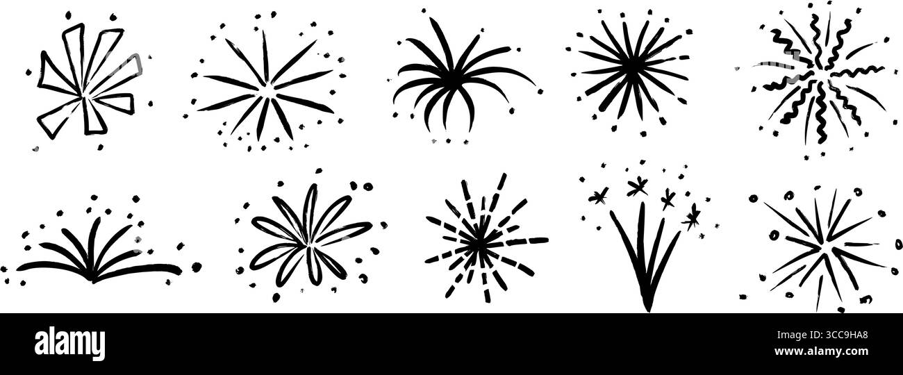 Set di fuochi d'artificio disegnati a mano. Collezione di elementi pirecracker con spiedini a pastello. Disegni a matita pastello di scintillio, esplosione, luci a stella. Adesivo scintilla disegnato a vettore per compleanni e decorazioni per feste Illustrazione Vettoriale