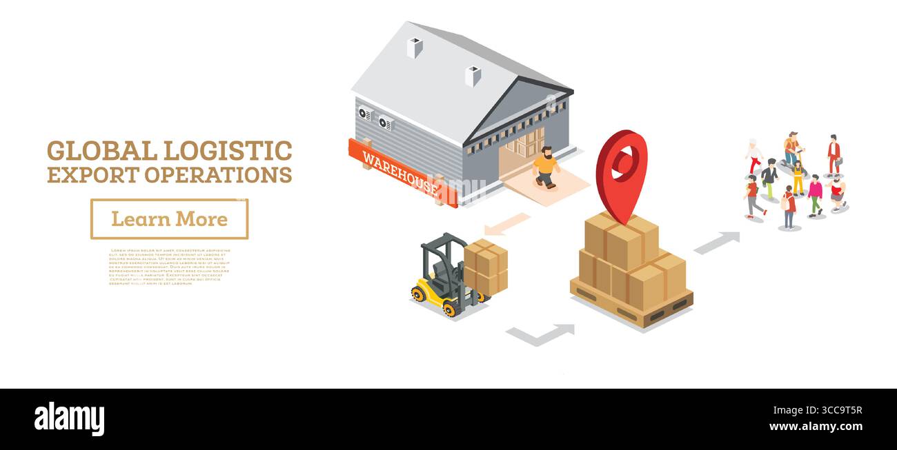 Operazioni di esportazione della logistica globale isometrica con magazzino, carrelli elevatori, pallet box e personale. Concetto di consegna internazionale e catena di approvvigionamento Illustrazione Vettoriale