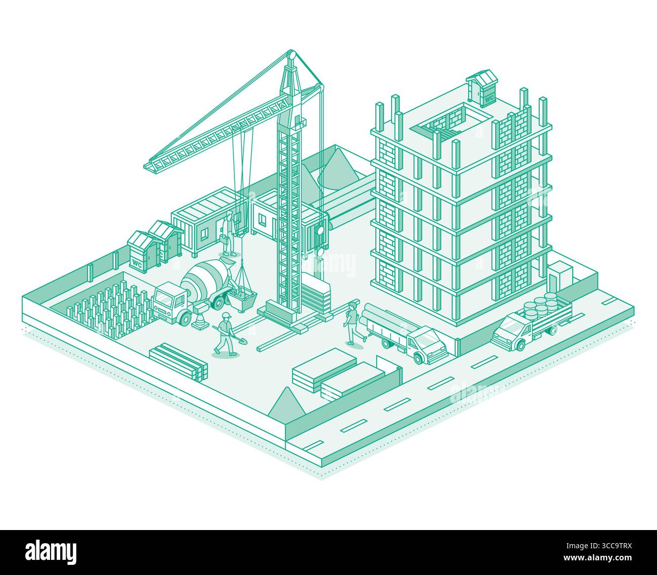 Cantiere con gru e grattacielo. Processo di costruzione di un edificio a piu' piani. Illustrazione vettoriale in stile contorno. Illustrazione Vettoriale