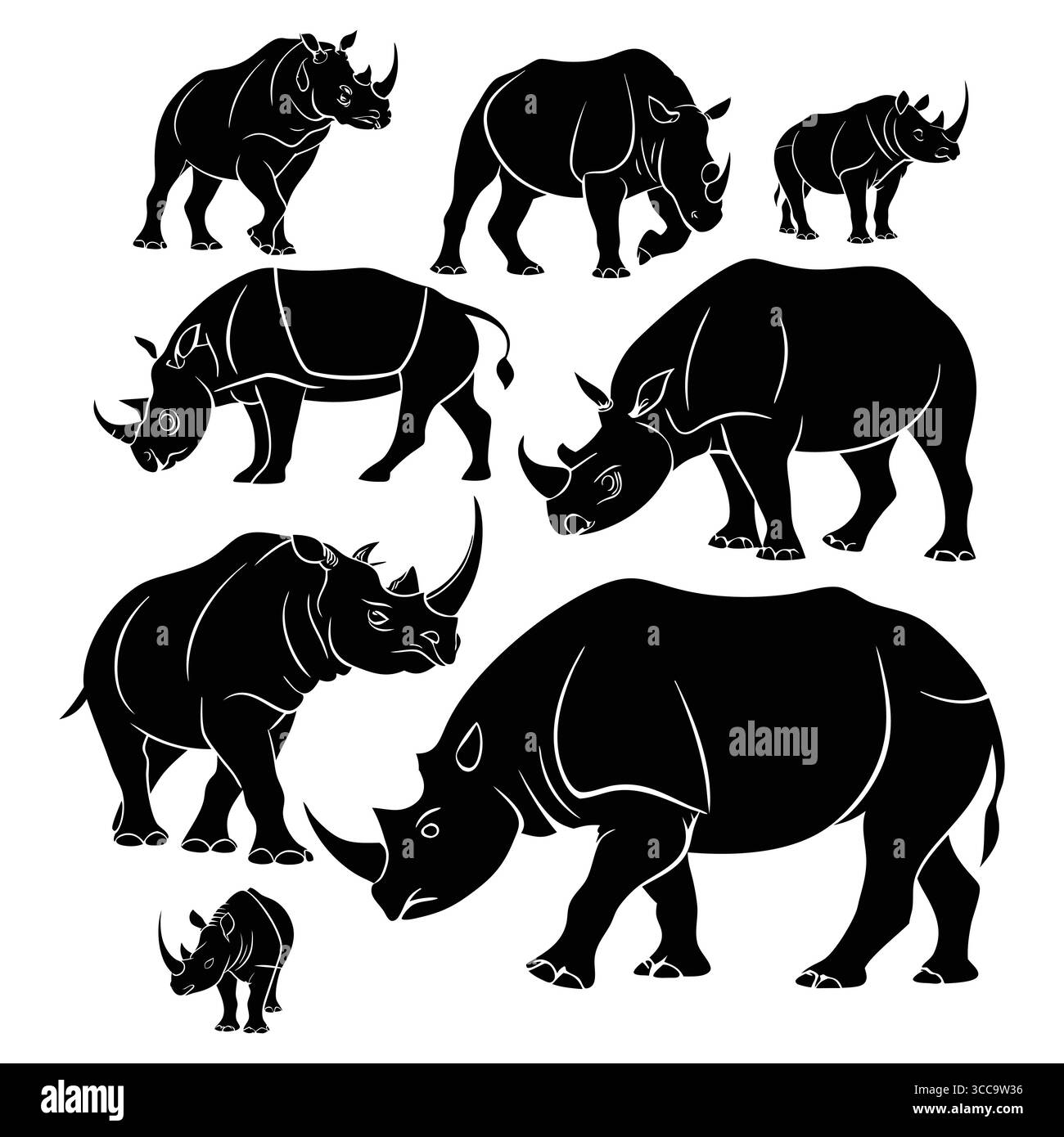 Sagome nere e bianche di rinoceronte in varie pose Illustrazione Vettoriale