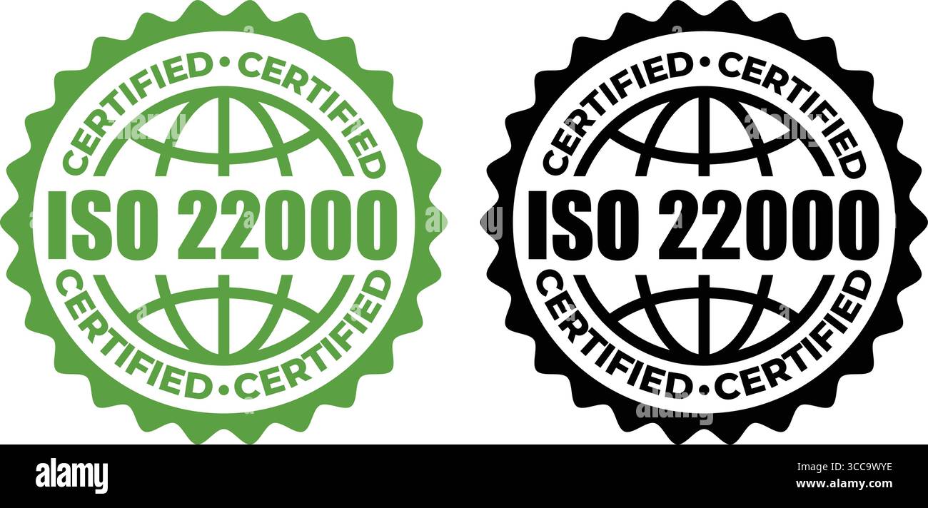 Timbro di certificazione ISO 22000 – sigillo vettoriale e logo per gli standard di sicurezza alimentare Illustrazione Vettoriale