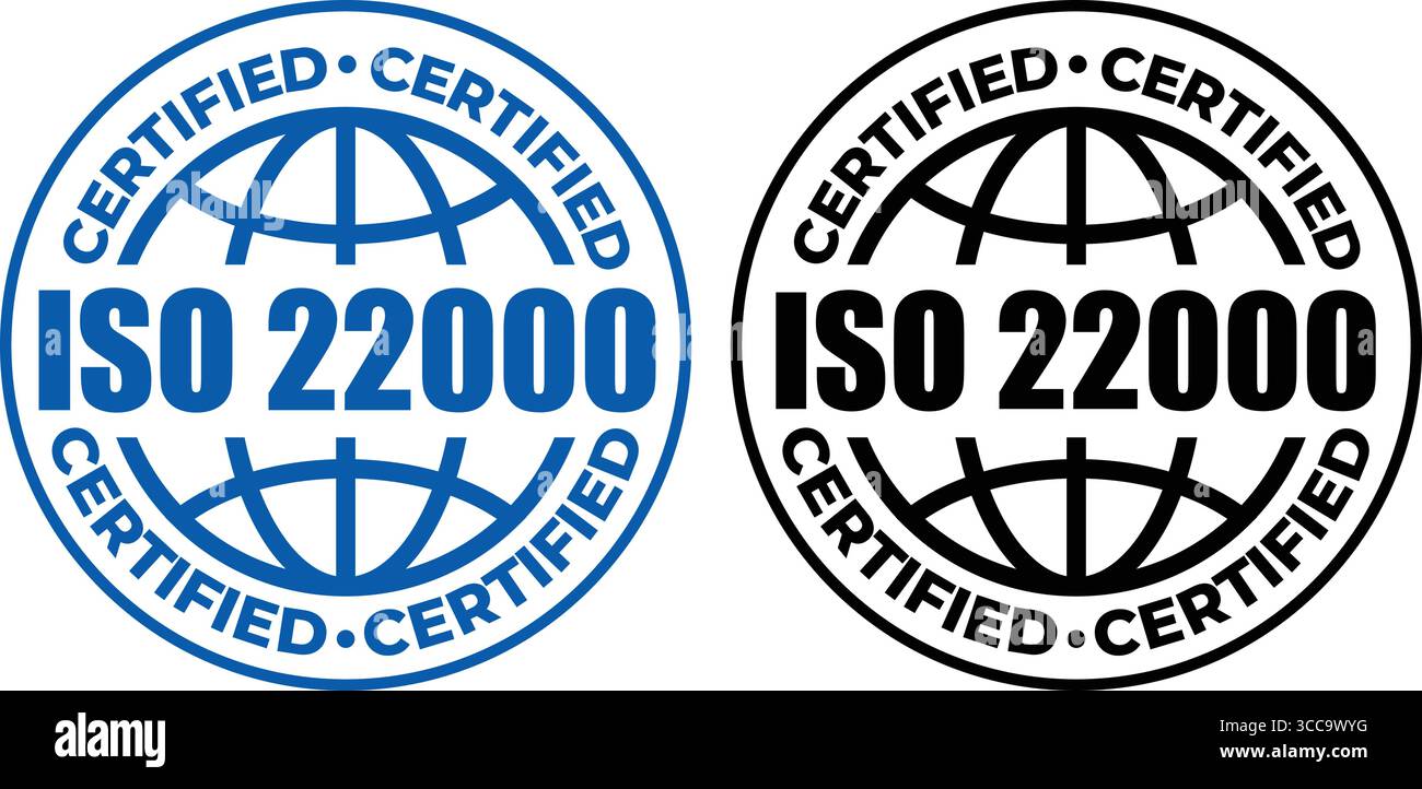 Timbro di certificazione ISO 22000 – sigillo vettoriale e logo per gli standard di sicurezza alimentare Illustrazione Vettoriale