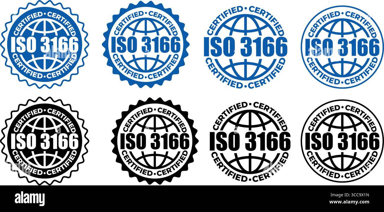 Timbro certificato ISO 3166– etichetta standard con codice paese e design vettoriale con timbro Illustrazione Vettoriale