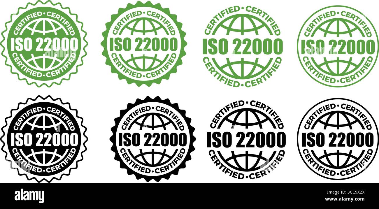 Timbro di certificazione ISO 22000 – sigillo vettoriale e logo per gli standard di sicurezza alimentare Illustrazione Vettoriale