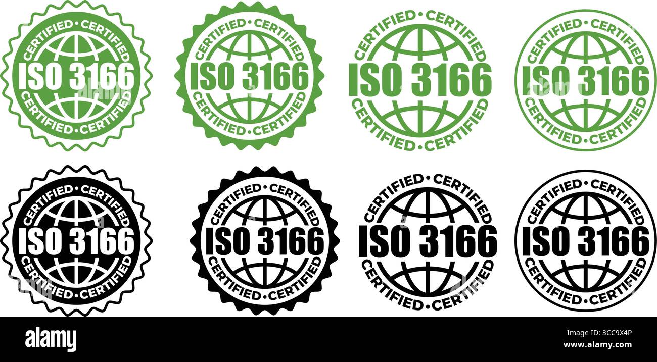 Timbro certificato ISO 3166– etichetta standard con codice paese e design vettoriale con timbro Illustrazione Vettoriale