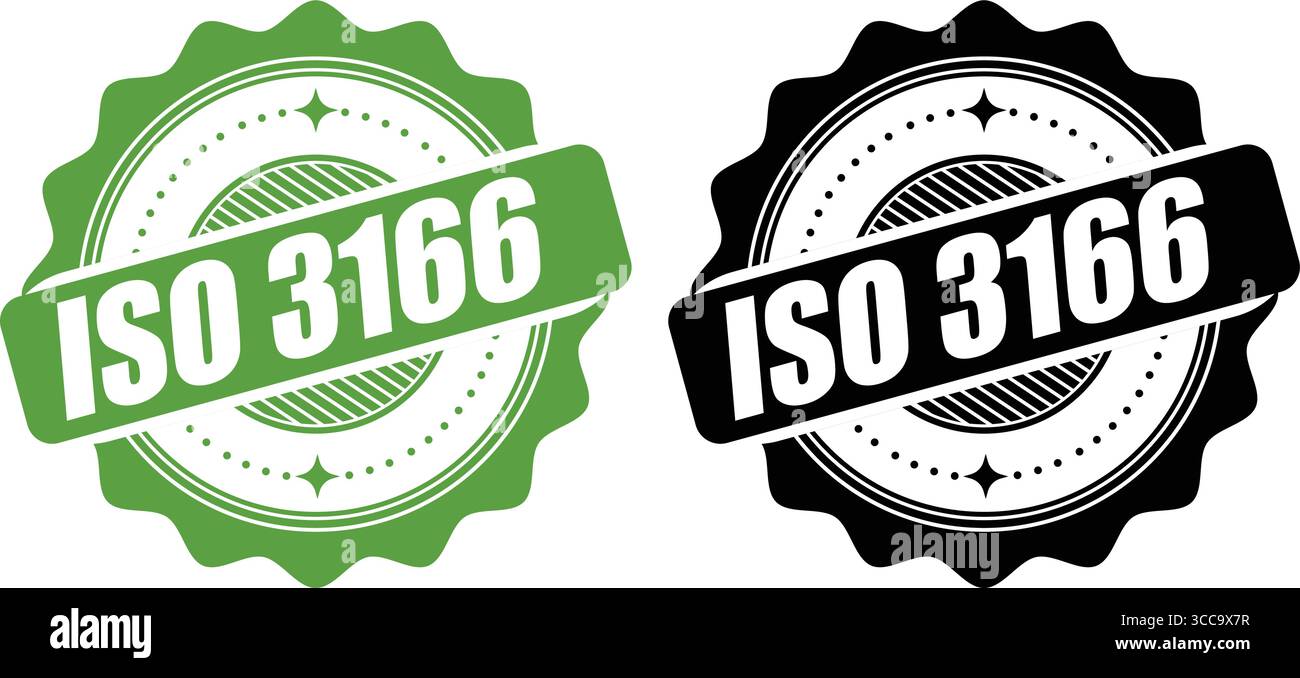Timbro certificato ISO 3166– etichetta standard con codice paese e design vettoriale con timbro Illustrazione Vettoriale