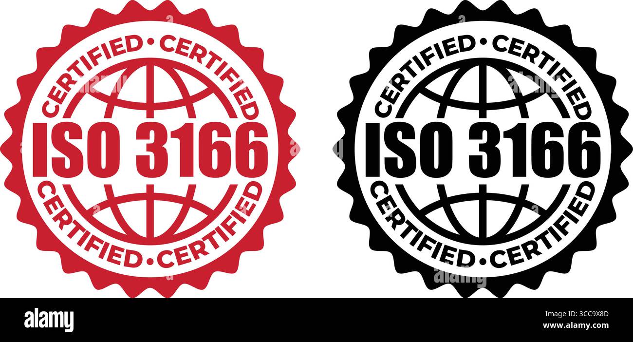 Timbro certificato ISO 3166– etichetta standard con codice paese e design vettoriale con timbro Illustrazione Vettoriale