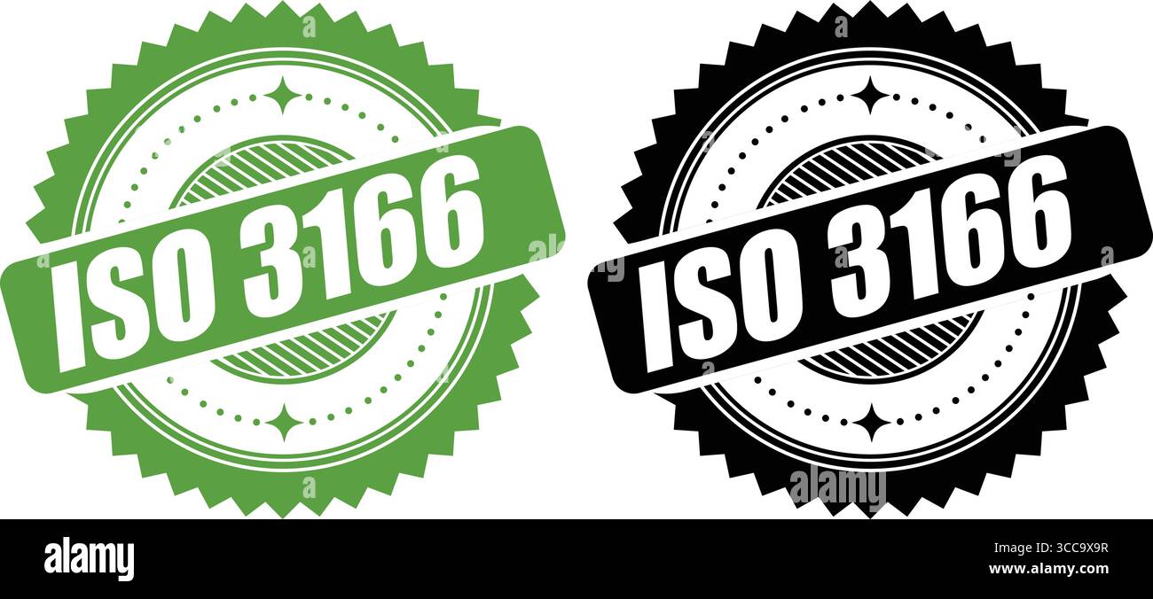 Timbro certificato ISO 3166– etichetta standard con codice paese e design vettoriale con timbro Illustrazione Vettoriale