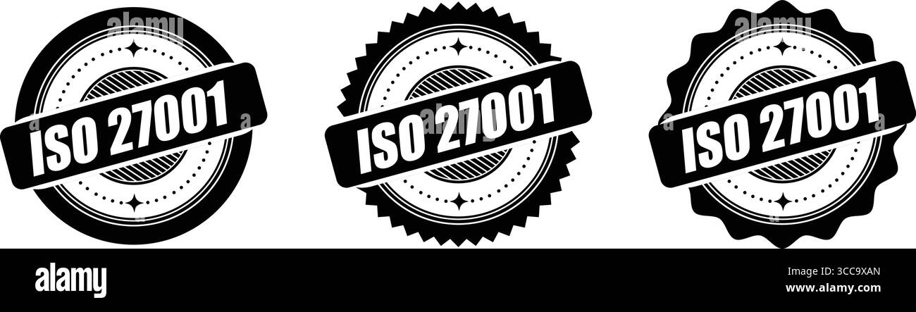 Badge di certificazione ISO 27001 – sigillo vettoriale per gli standard di gestione della sicurezza delle informazioni Illustrazione Vettoriale