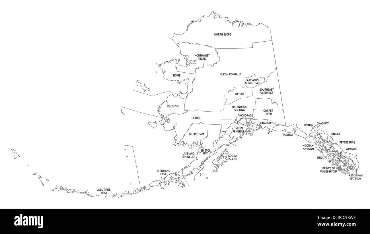 Stato dell'Alaska, quartieri e aree di censimento, mappa di contorno. Stato sull'estremità nord-occidentale del Nord America, nella regione occidentale degli Stati Uniti. Foto Stock