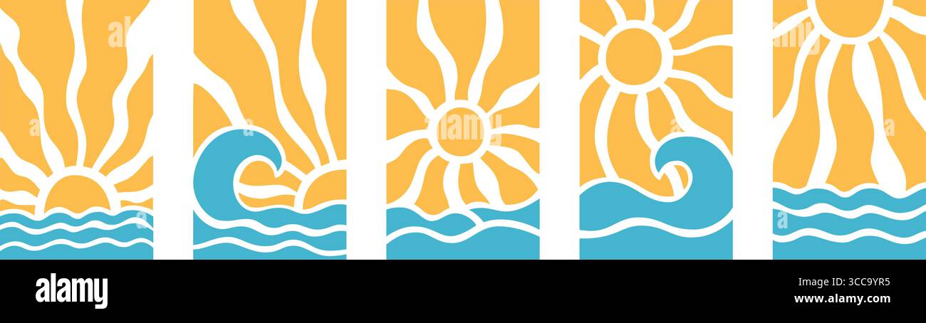Raggi di sole gialli e sfondo psichedelico della spiaggia blu del mare. Raggi ondulati in stile boho-groove. Poster abstract Sun burst. Consistenza della natura. design anni '70, '80 Illustrazione Vettoriale