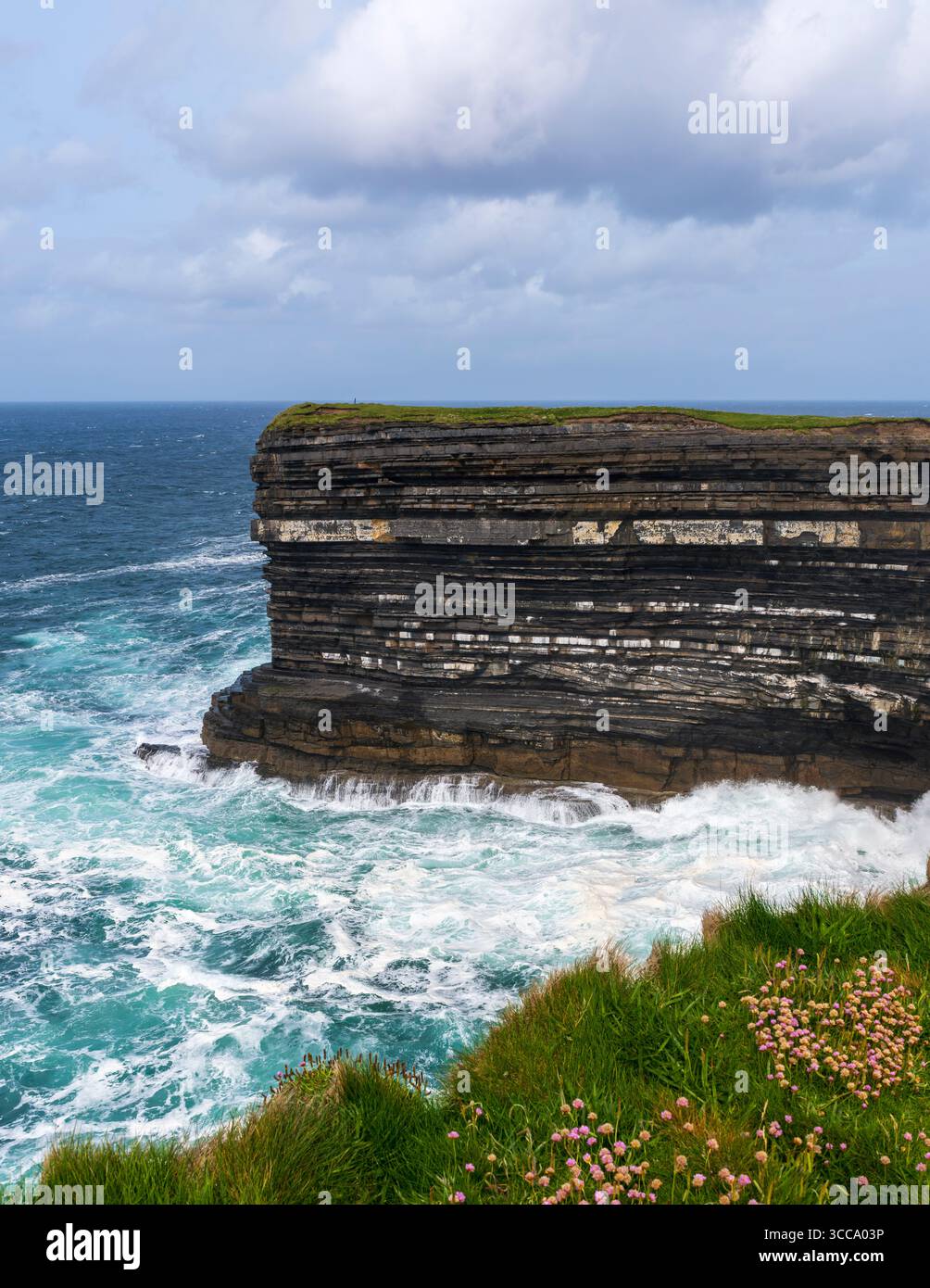 Downpatrick Head, contea di Mayo, Irlanda, promontorio stratificato sopra l'Atlantico turchese, surf bollente sotto mentre il mare rosa punta sul bordo della scogliera. Foto Stock