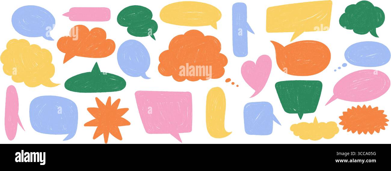 Doodle Crayon Speech Bubbles Set. Dialoghi fumetti disegnati a mano e palloncini pensati. Frame vettoriali per testo e comunicazione. Illustrazione Vettoriale