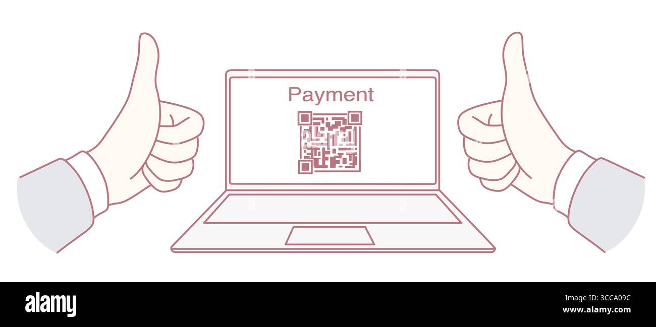 Questa immagine mostra un processo di pagamento online riuscito con un'immagine thumbs up e una schermata del codice QR Illustrazione Vettoriale