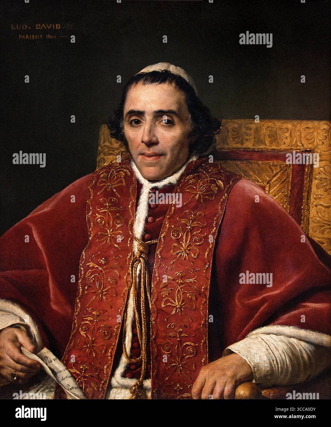 Portrait du pape Pie VII 1805 di Louis David Jacques-Louis David 1748 – 1825 France French Museum Louvre Paris ( Ritratto di Papa Pio VII è un ritratto del 1805 di Papa Pio VII del pittore francese Jacques-Louis David per ringraziare il papa per aver assistito all'incoronazione di Napoleone i di Francia. Papa Pio appare nell'Incoronazione di Napoleone di Davide, raffigurato come benedizione per l'imperatore, quando in realtà era solo uno spettatore, assistendo alla cerimonia con un'espressione rassegnata per tutta la durata. Papa Pio VII 1742 – 1823 capo della Chiesa cattolica, dal ,14 marzo 1800, morte i, agosto 1823. Foto Stock