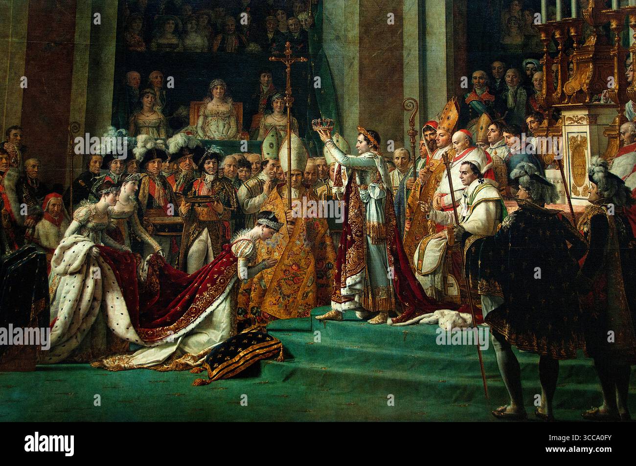 L'incoronazione - Consacrazione imperatore Napoleone Bonaparte e Giuseppina 1807 Cattedrale Notre Dame Parigi Jacques-Louis David 1748 - 1825 Francia Museo francese Louvre Parigi ( la "Consacrazione" si riferisce a un monumentale dipinto a olio neoclassico di Jacques-Louis David (1805-1807) intitolato la Consacrazione dell'imperatore Napoleone i e l'incoronazione dell'imperatrice Giuseppina. Il dipinto raffigura la cerimonia d'incoronazione di Napoleone i e di sua moglie Joséphine il 2 dicembre 1804, a Notre-Dame de Paris, che solidificò il primo Impero francese e istituì una nuova dinastia imperiale). Foto Stock