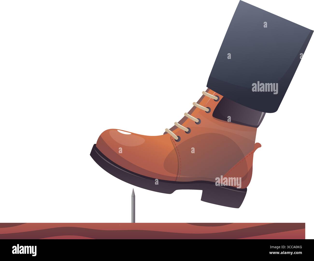 Scarpa che calpesta un chiodo affilato che fuoriesce dalla tavola. Incidente dannoso. Lesioni impreviste. Punta in metallo sulla suola delle calzature. Scarponcino Pierce. Incon disinvolto Illustrazione Vettoriale
