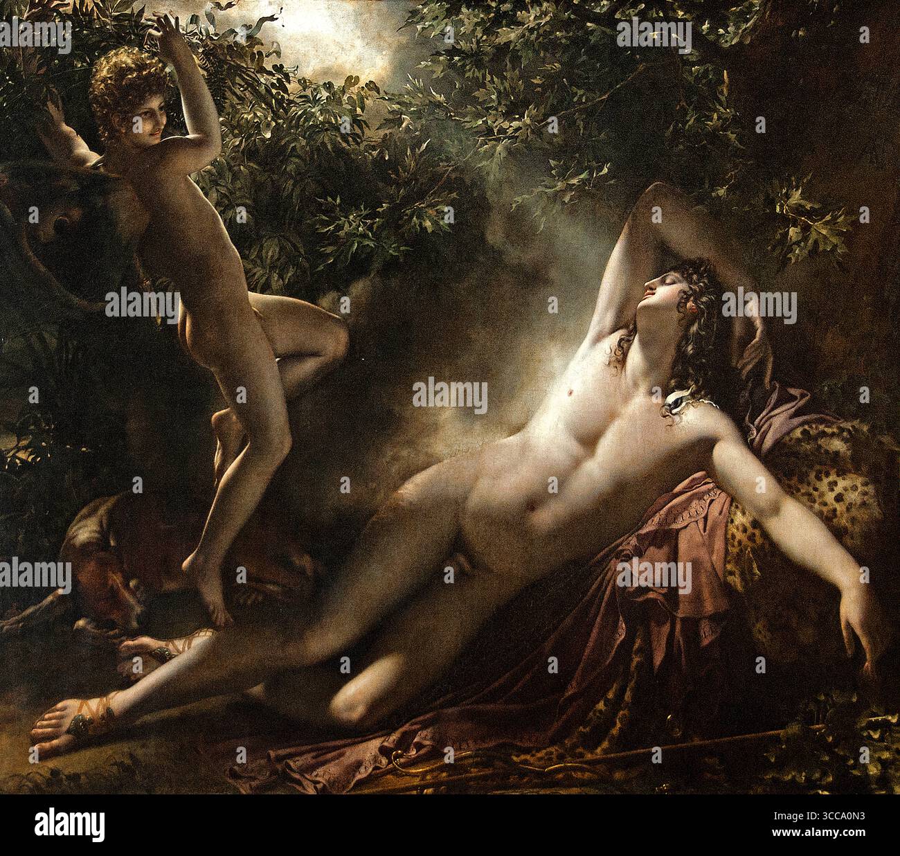 Il sonno di Endymion 1791 di Anne Louis Girodet de Roussy Trioson French France Museum Louvre Paris ( il sonno di Endymion si riferisce al mito greco di un bel pastore amato dalla dea della luna Selene, che pregò Zeus di concedergli eterna giovinezza e immortalità. Zeus accettò di mettere Endymion in un sonno eterno in modo che Selene potesse godere della sua bellezza per sempre, diventando il soggetto di molte opere d'arte famose, in particolare la pittura di Anne-Louis Girodet Foto Stock