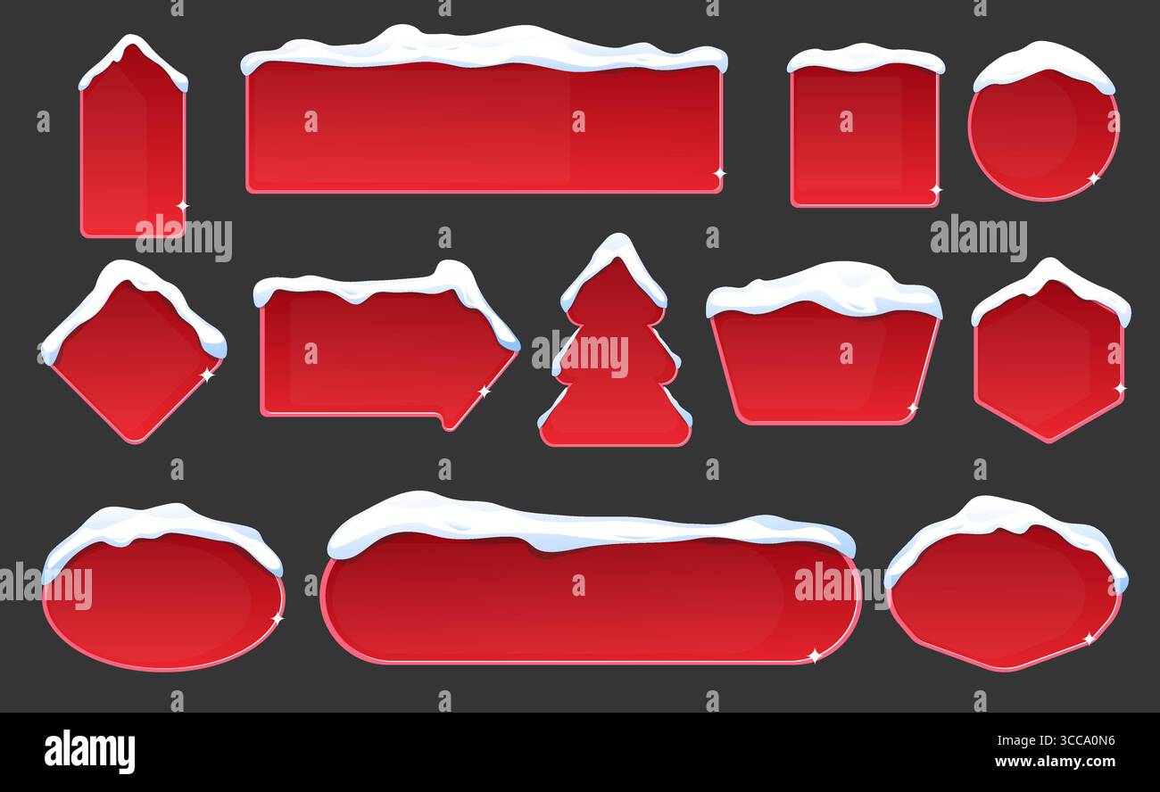 Cornici rosse con coprineve su sfondo scuro. Sconto di Natale o Capodanno. Freccia del puntatore di direzione. Cartelloni vuoti. Forma dell'etichetta quadrata e rotonda Illustrazione Vettoriale