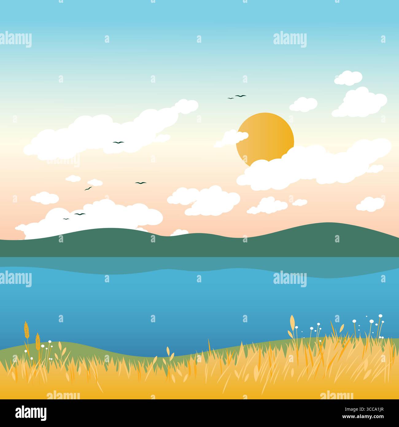 Sfondo paesaggistico nel lago e nelle colline. Natura estiva con campi di grano in riva al mare. Un bellissimo cielo al tramonto con sole e nuvole. Illustrazione vettoriale Illustrazione Vettoriale