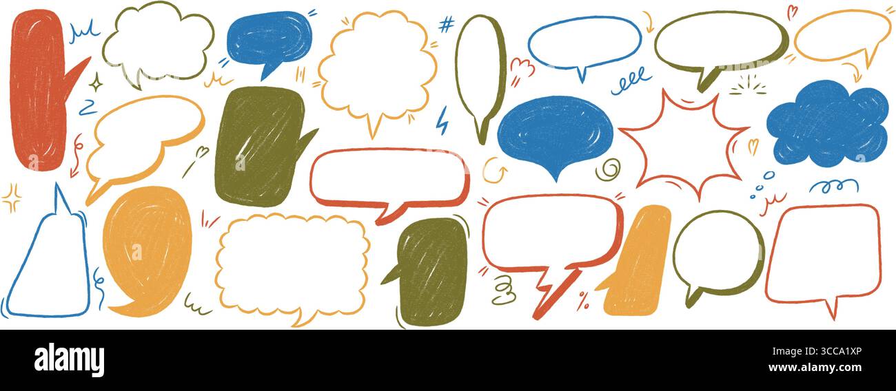 Set di palloncini per pastelli in stile doodle disegnati a mano. Fumetti di fumetti con un contorno grezzo di gesso. Finestre di dialogo vettoriali. Illustrazione Vettoriale