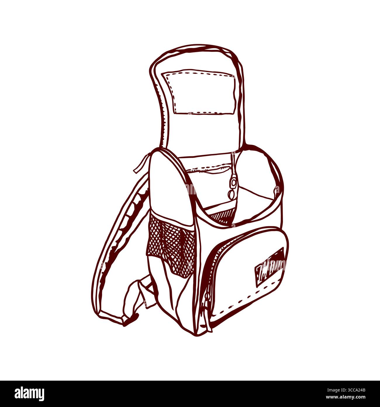 Zaino scolastico aperto e vuoto con tasche con zip per le forniture. Illustrazione vettoriale disegnata a mano della borsa dello studente in grafica per copertine e striscioni. Illustrazione Vettoriale