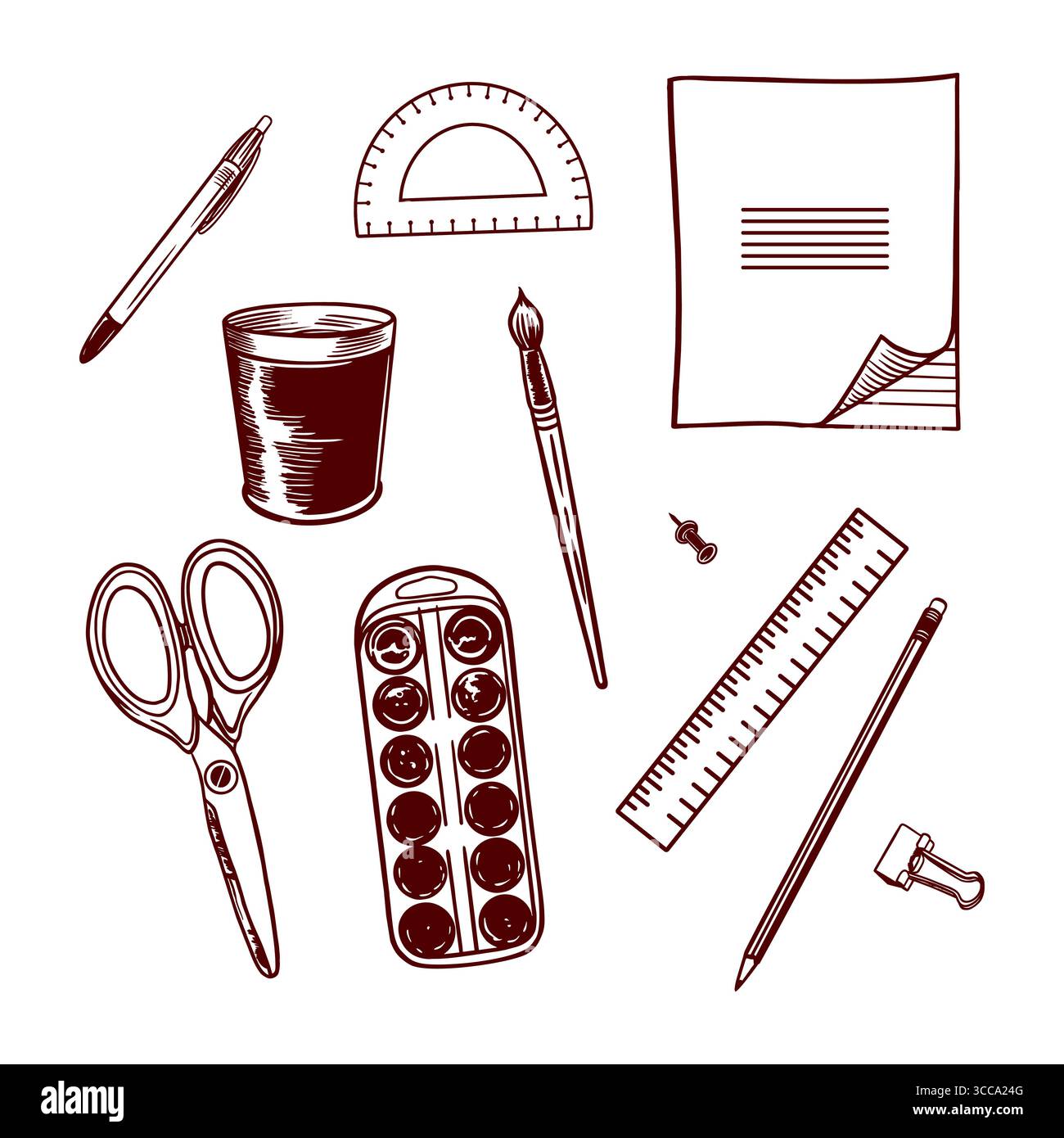 Set di cancelleria. Notebook, forbici, penna, matita, righello, vernici, pennello, graffette, puntale. Clip art vettoriali disegnate a mano per la creazione di banner e. Illustrazione Vettoriale
