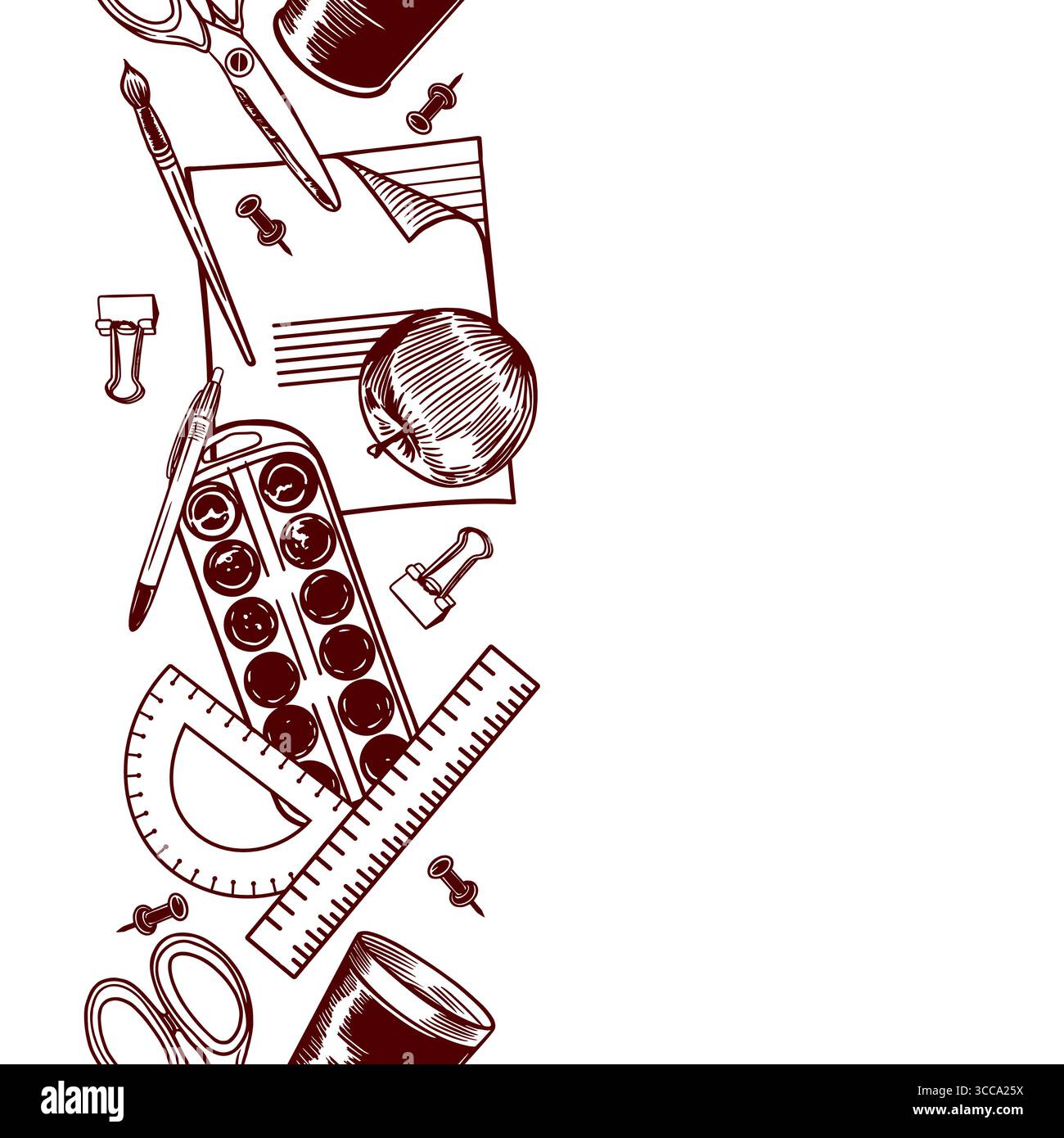 Cancelleria bordo senza cuciture, verticale. Notebook, forbici, penna, righello, pennello, vernici, graffette, puntale. Clip art vettoriale disegnata a mano per la creazione Illustrazione Vettoriale