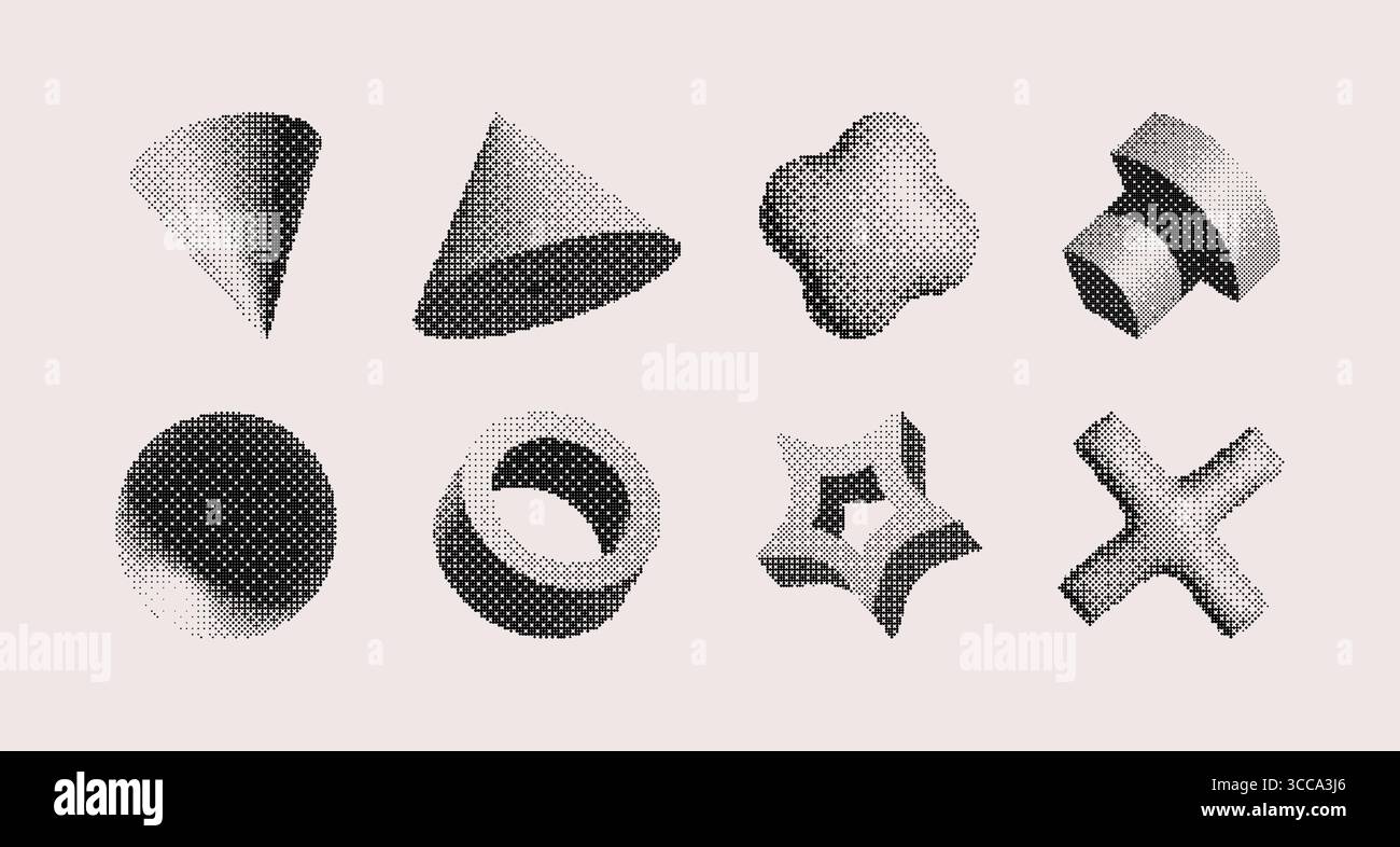 Collezione di pixel art Y2K Brutalism con forme geometriche e gradienti mezzitoni per un design retrò. Elementi moderni astratti con texture tratteggiata e stile monocromatico. Set digitale vintage. Illustrazione Vettoriale
