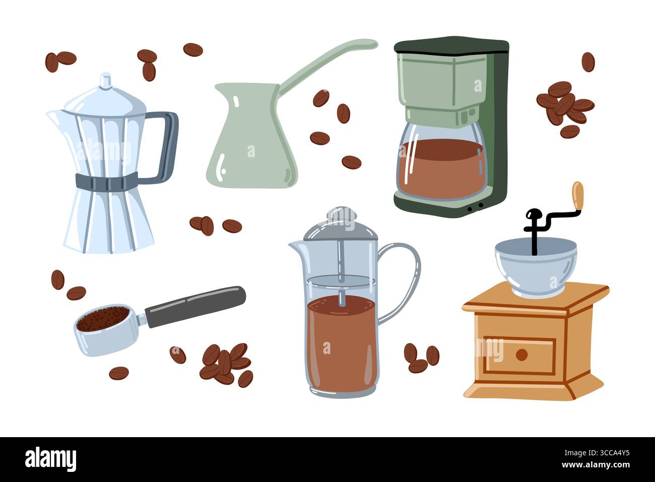 Illustrazione del caffè vettoriale in stile piatto che mostra icone di design isolate delle attrezzature di estrazione, del macinacaffè, dei chicchi e degli accessori su sfondo bianco. Illustrazione Vettoriale