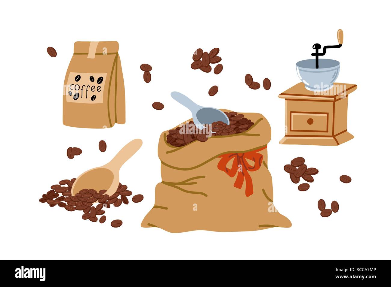 Icone del caffè vettoriale in stile cartoni animati che mostrano un'illustrazione isolata su bianco del macinacaffè manuale, un sacco di chicchi di caffè con sessola e confezione. Mano Illustrazione Vettoriale