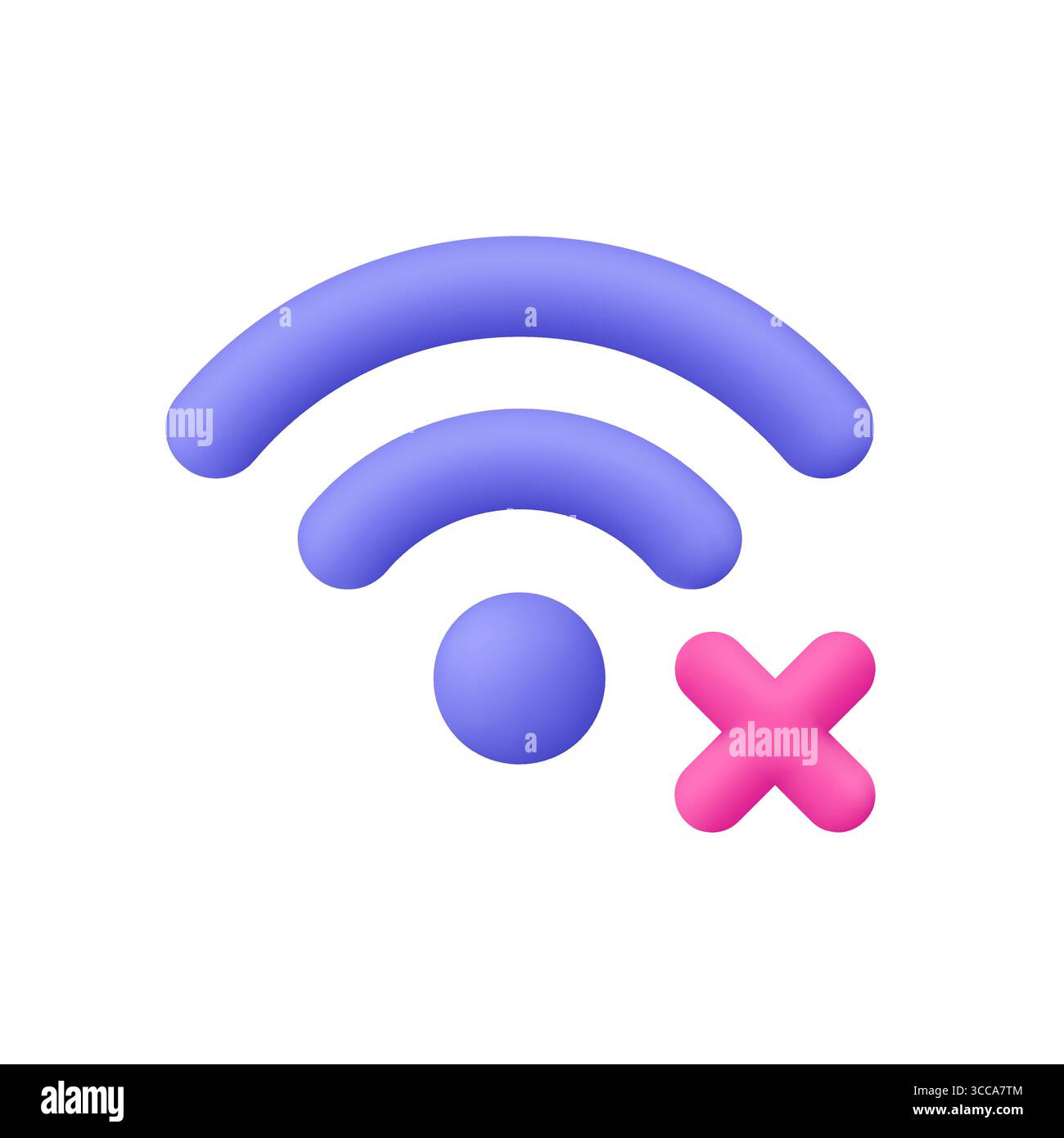 Segnale Wi-Fi viola con croce rosa, simbolo di rifiuto o annullamento. Concetto di connessione Internet assente, errore di rete e stato offline. icona vettoriale 3d. C Illustrazione Vettoriale