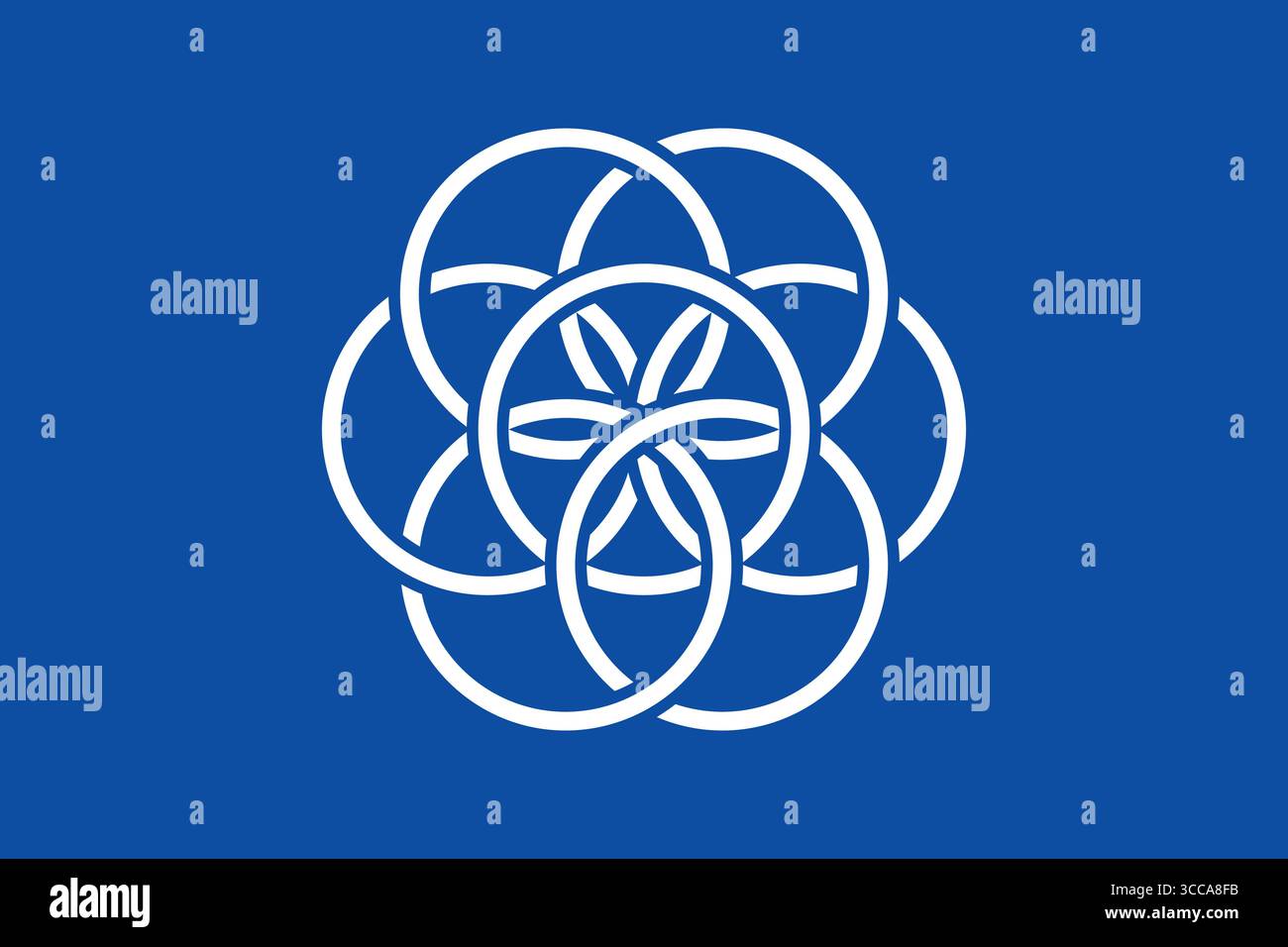 International Flag of Planet Earth - Design ufficiale 2015 di Oskar Pernefeldt, Blue Field con sette cerchi bianchi interconnessi che rappresentano Unity e. Illustrazione Vettoriale