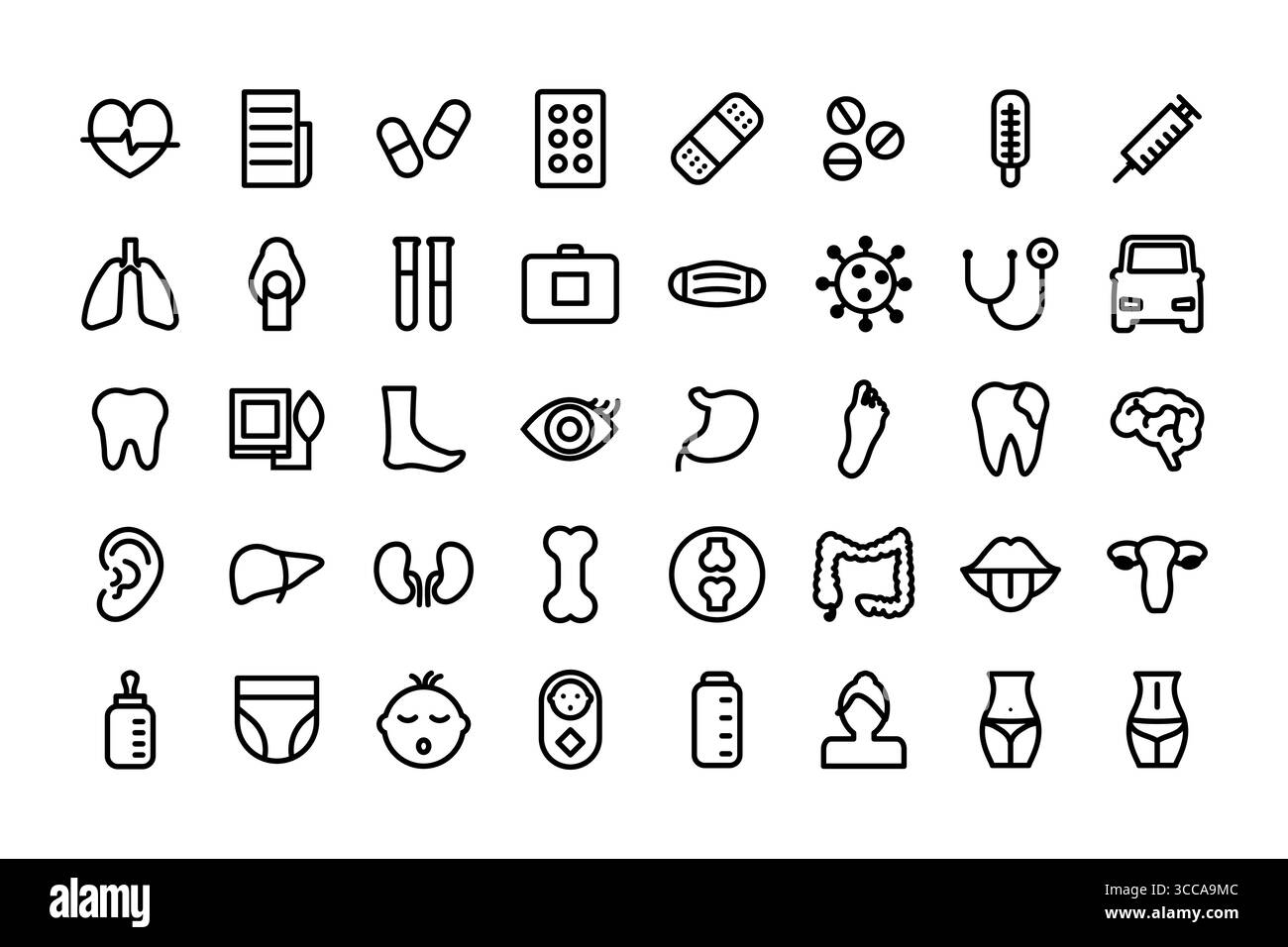 Icone mediche che rappresentano l'assistenza sanitaria, l'anatomia e il trattamento Illustrazione Vettoriale