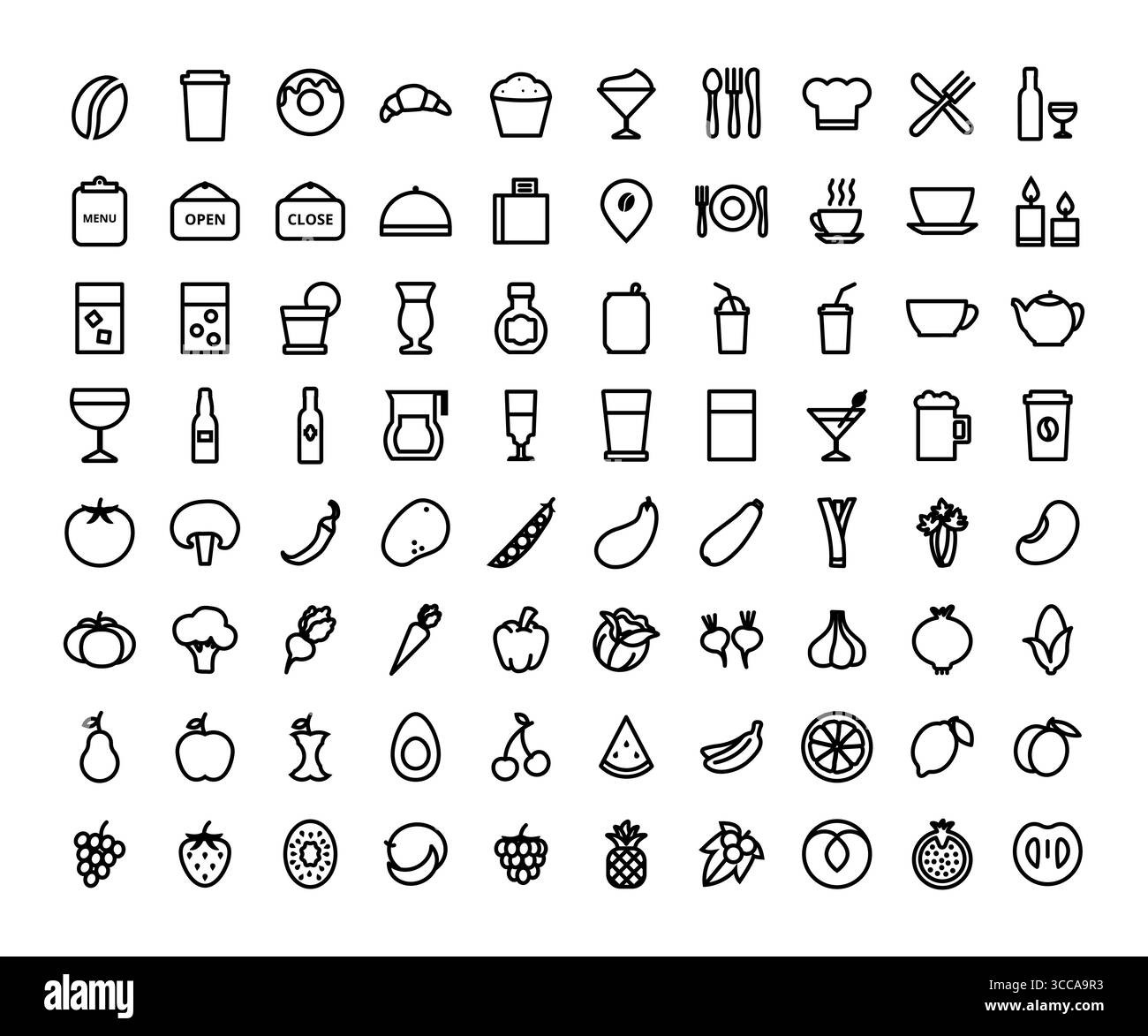 Grande set di cibo e bevande icone minimali che rappresentano vari elementi culinari Illustrazione Vettoriale