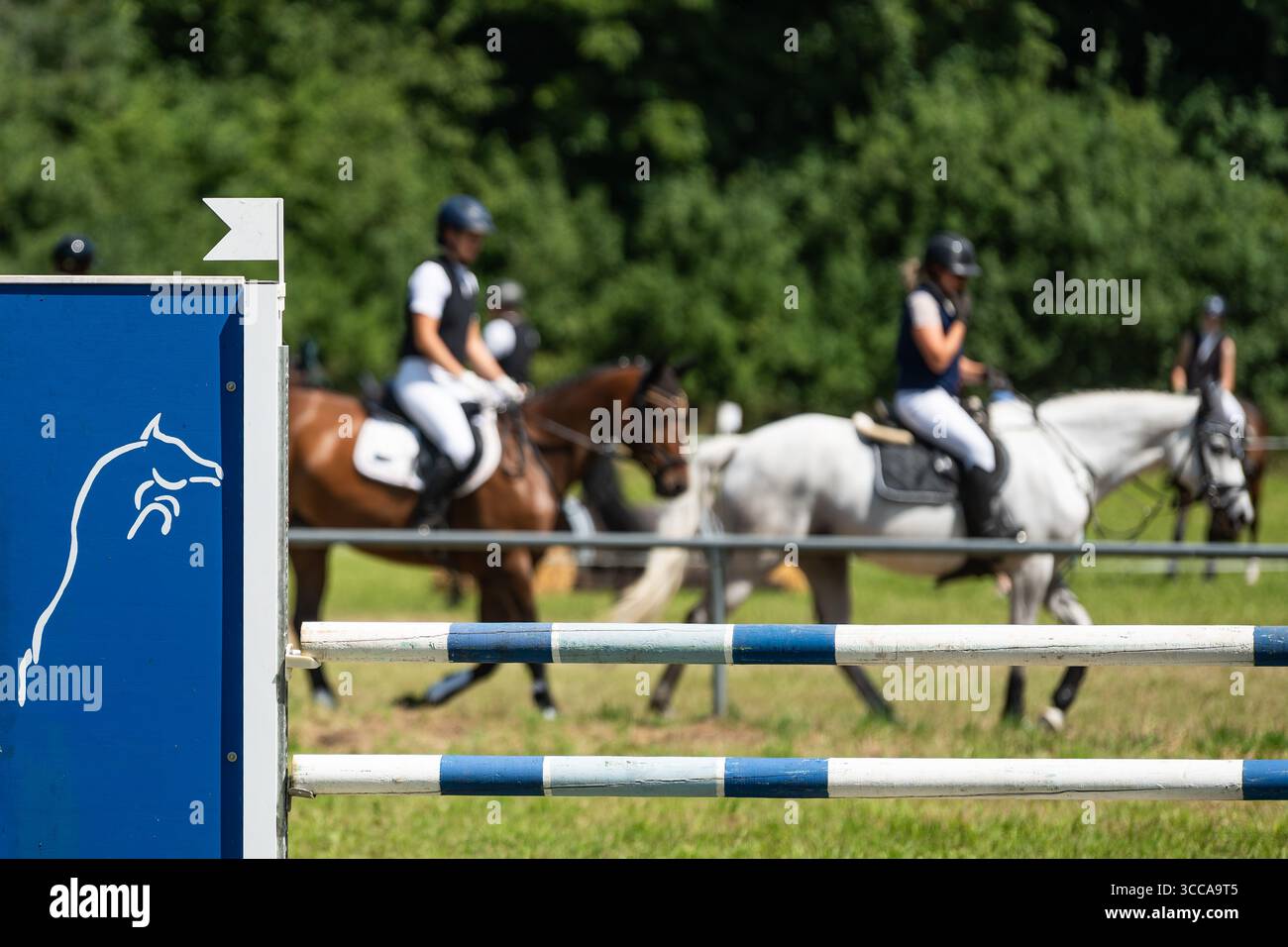 Kirchen Hausen, Germania. 10 agosto 2025. I cavalieri si preparano per saltare con i loro cavalli durante uno spettacolo ippico a Kirchen-Hausen. Crediti: Silas Stein/dpa/Alamy Live News Foto Stock