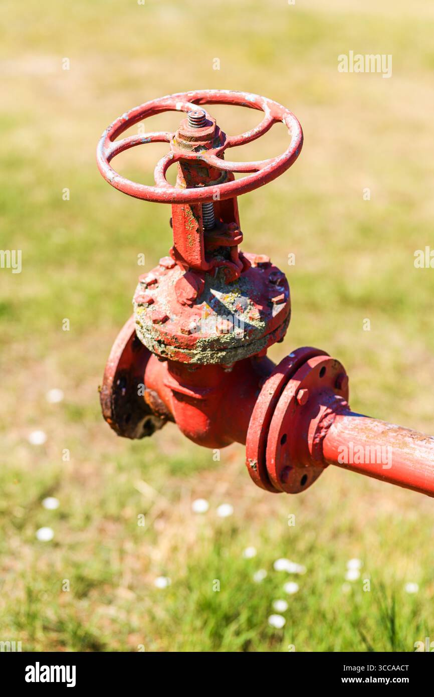 Vecchia valvola in ghisa rossa con bulloni corrosi e vernice sbucciante, fotografata all'aperto in una giornata di sole con sfondo erboso sfocato. Messa a fuoco selettiva. Foto Stock