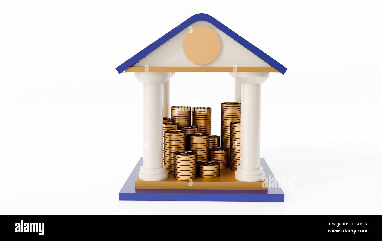 Una rappresentazione in 3d di un edificio classico con un tetto blu con numerose pile di monete d'oro. Foto Stock