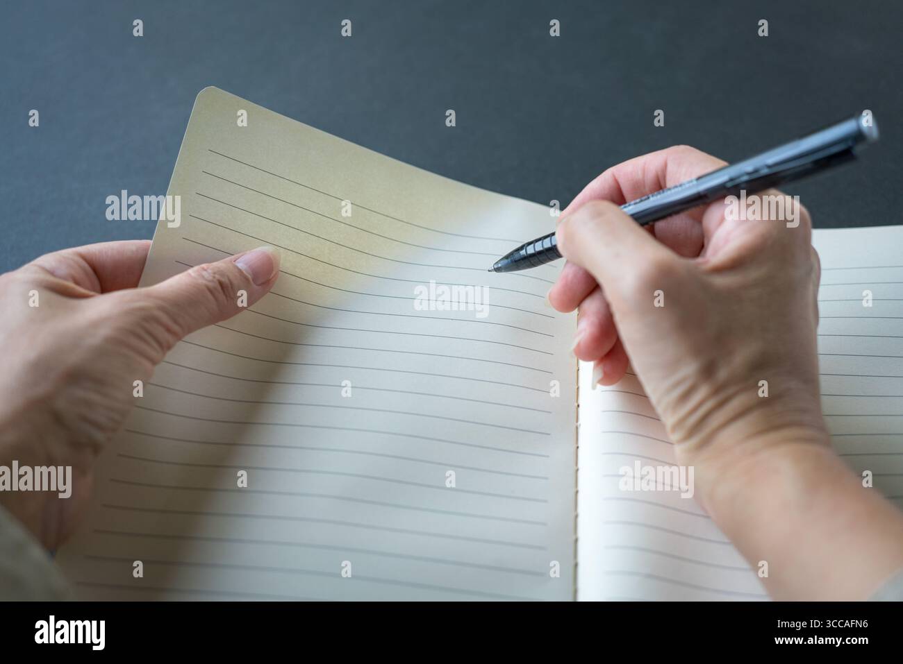 Donna che scrive su blocco note. Punto di vista in prima persona. Foto Stock