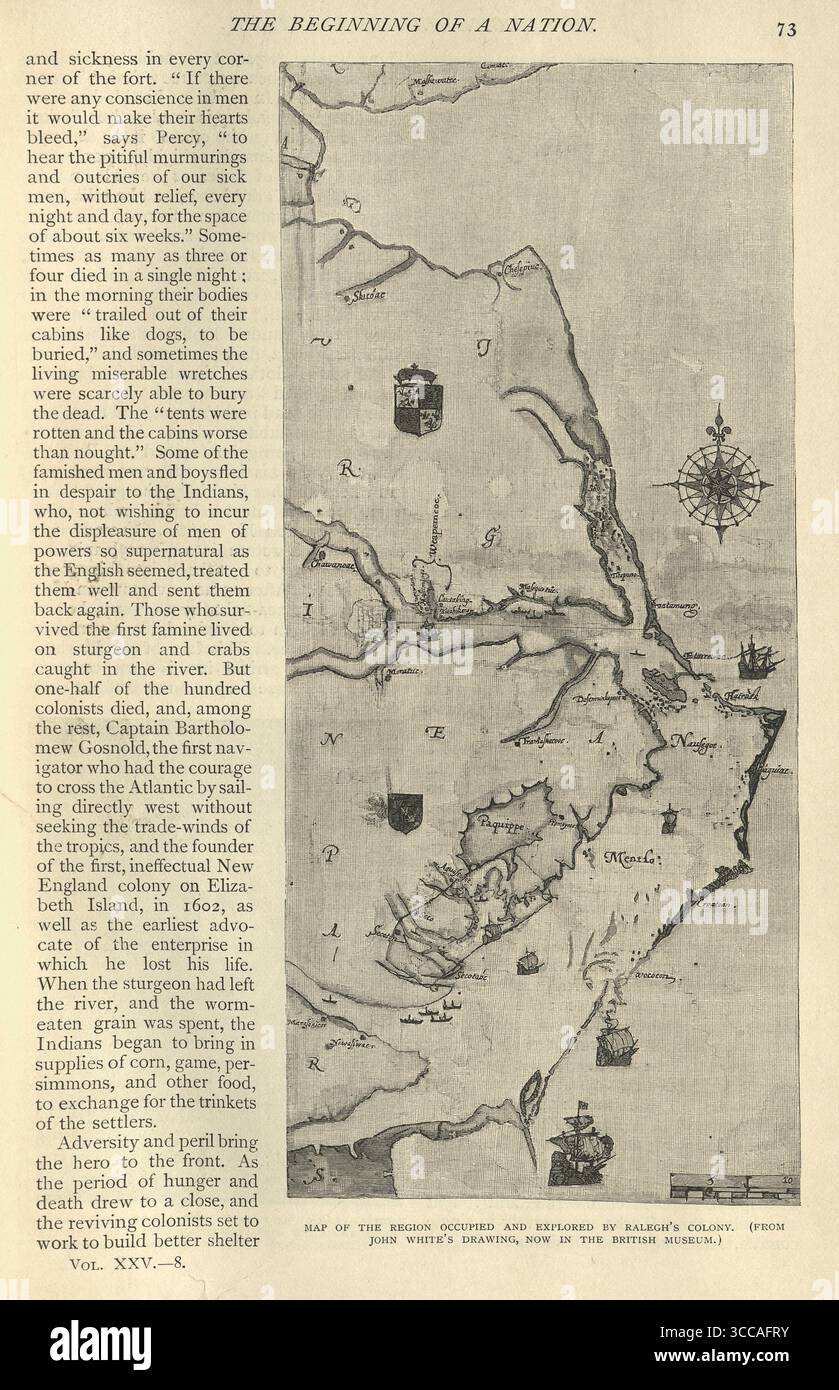 Mappa, Sketch of the Roanoke area c. 1584, su disegno di John White, XVI secolo Foto Stock