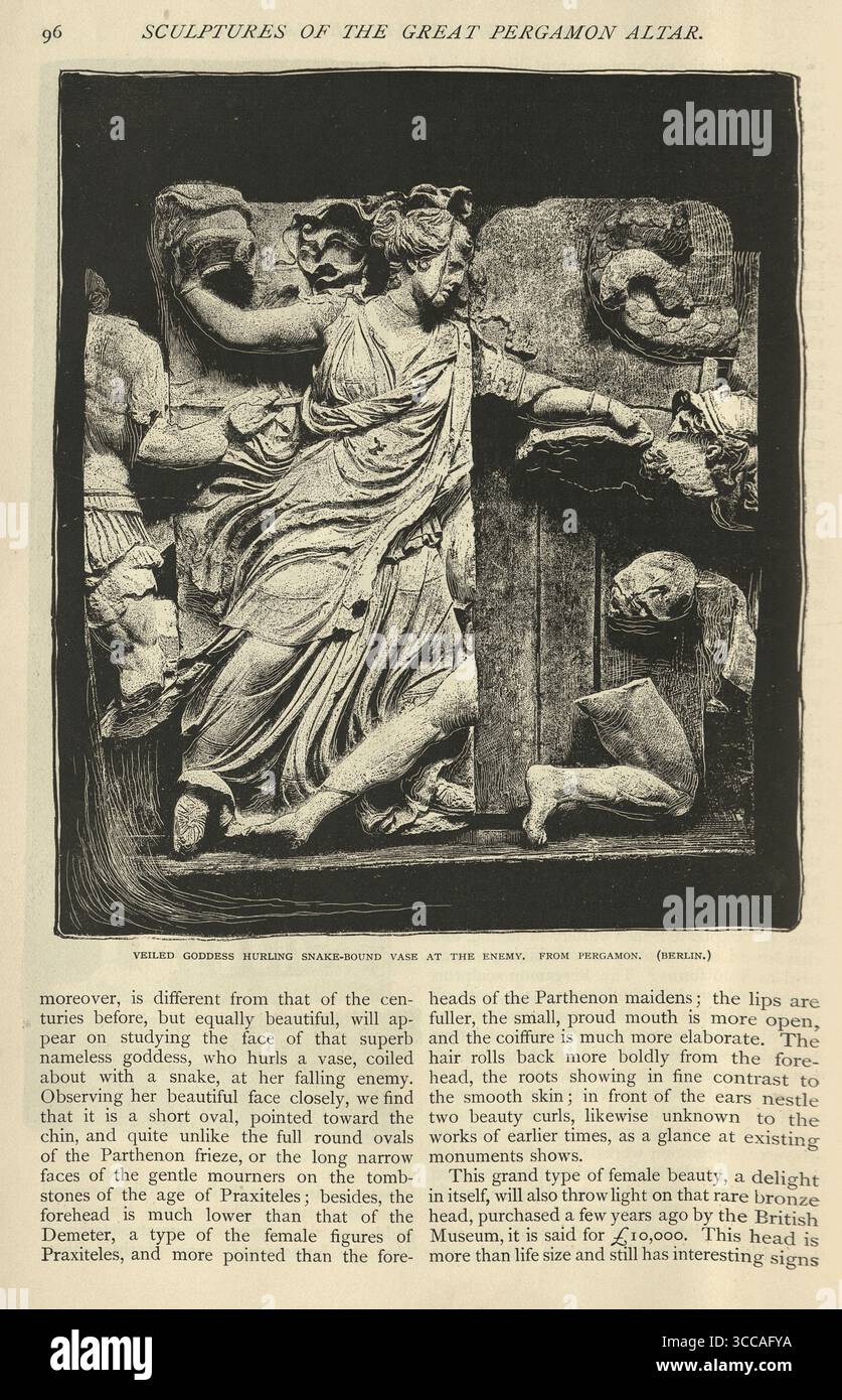 Antica Grecia, dea che lancia il vaso legato al serpente contro il nemico, scultura greca del grande altare di Pergamo, illustrazione vintage del XIX secolo Foto Stock
