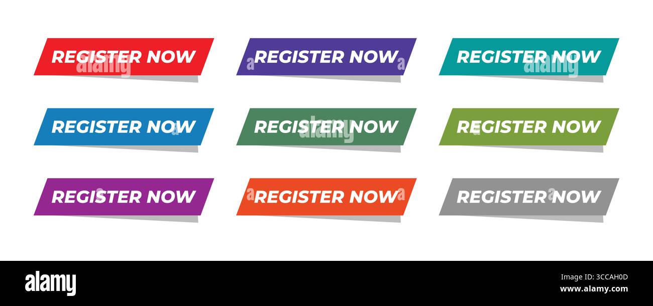 Raccolta di set vettoriali Register Now (Registra ora) Illustrazione Vettoriale