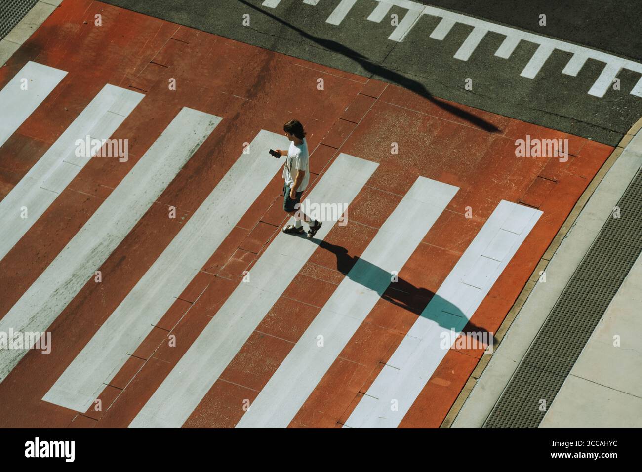 Strisce di attraversamento pedonale che proiettano ombre lunghe Foto Stock